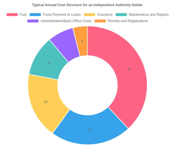 Doughnut chart titled 'Typical Annual Cost Structure for an Independent Authority Holder' showing percentage shares for fuel, truck payment or lease, insurance, maintenance and repairs, administrative costs, and permits