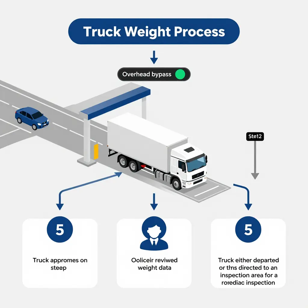 Flowchart of the commercial truck weigh station process: approach, bypass signal, weighing, officer review, and inspection pull-in