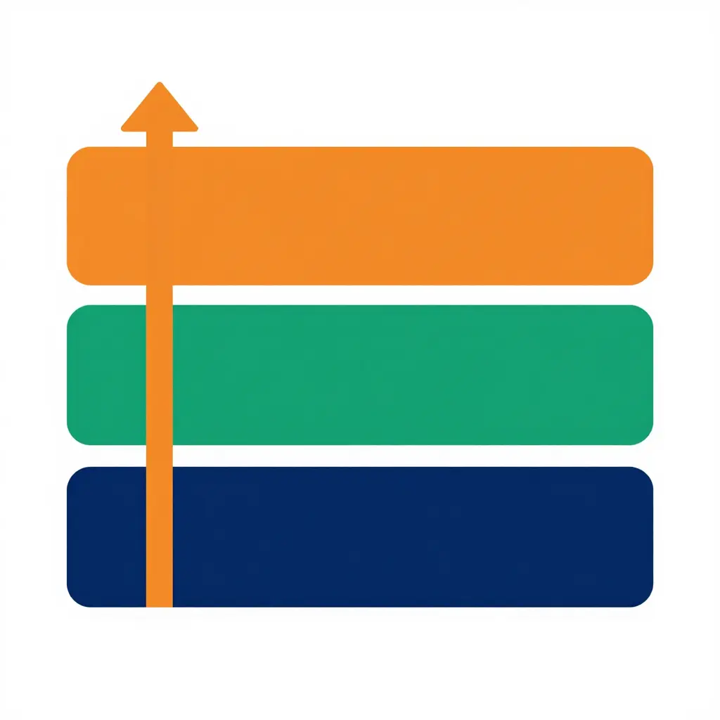 Minimalist 2D flat diagram showing three stacked horizontal bands - navy blue at the bottom, teal green in the middle, and orange at the top - with a single bold arrow rising upward from the bottom band to the top band to indicate increasing restrictiveness