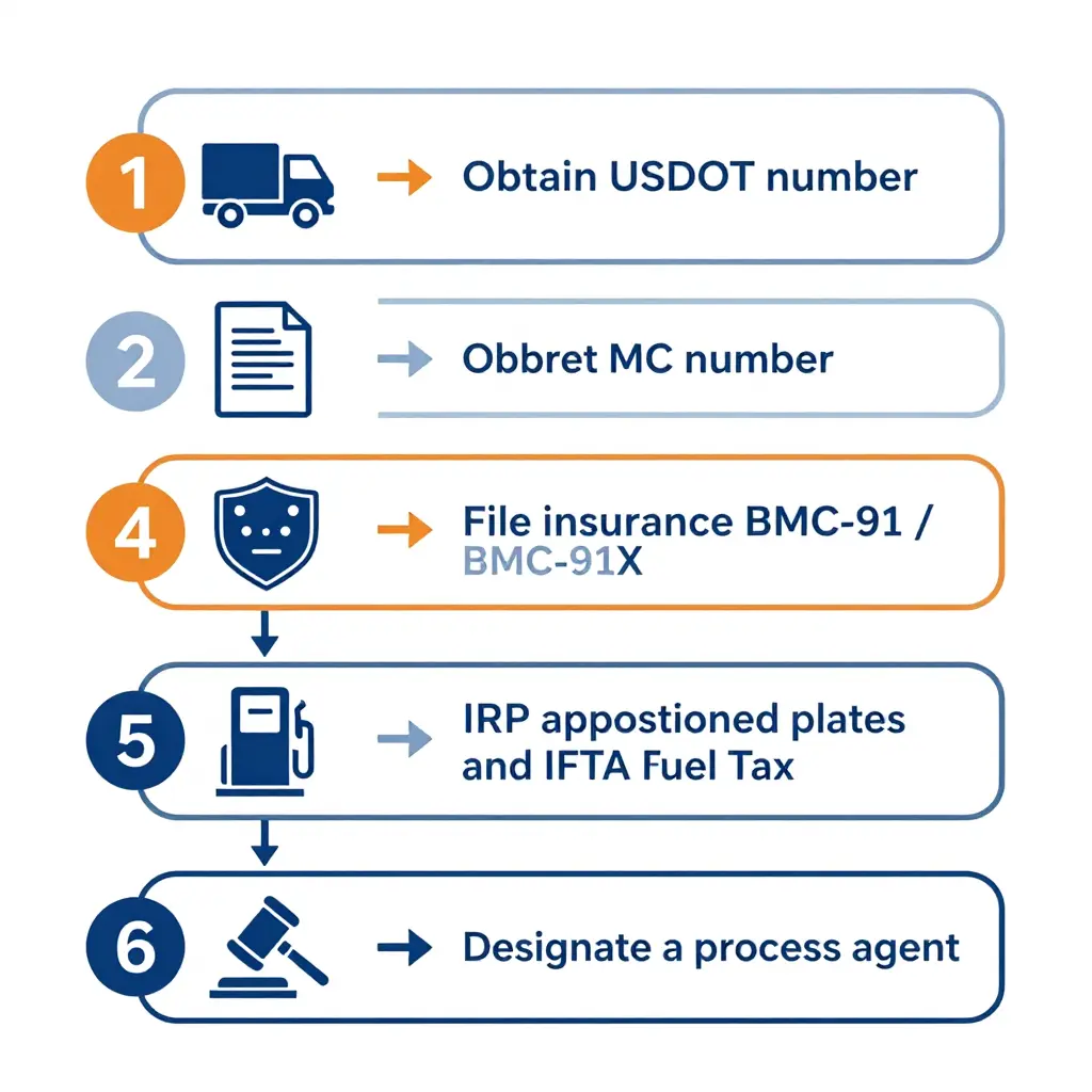Step-by-step flowchart showing the six stages of filing for truck operating authority